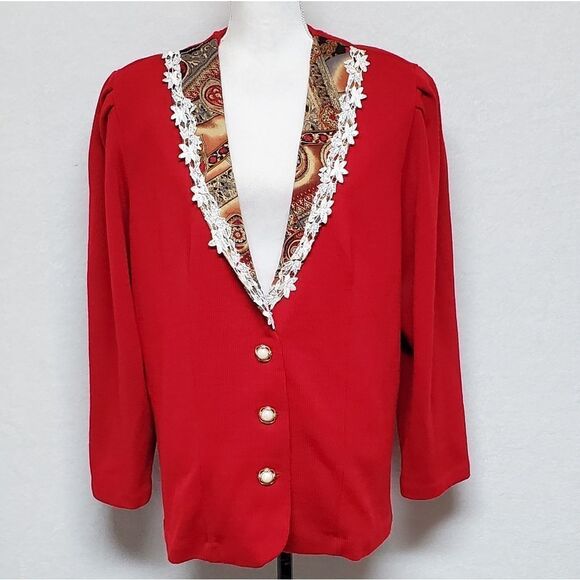 VINTAGE 1980s Matthew & David Red Knit Crochet Shawl Collar Knit Sweater Jacket - Picture 2 of 12